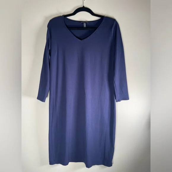 Eileen Fisher Viscose Blue V-Neck Pull Over Dress Sz XS Minimalist 3/4 Sleeves - Picture 2 of 9